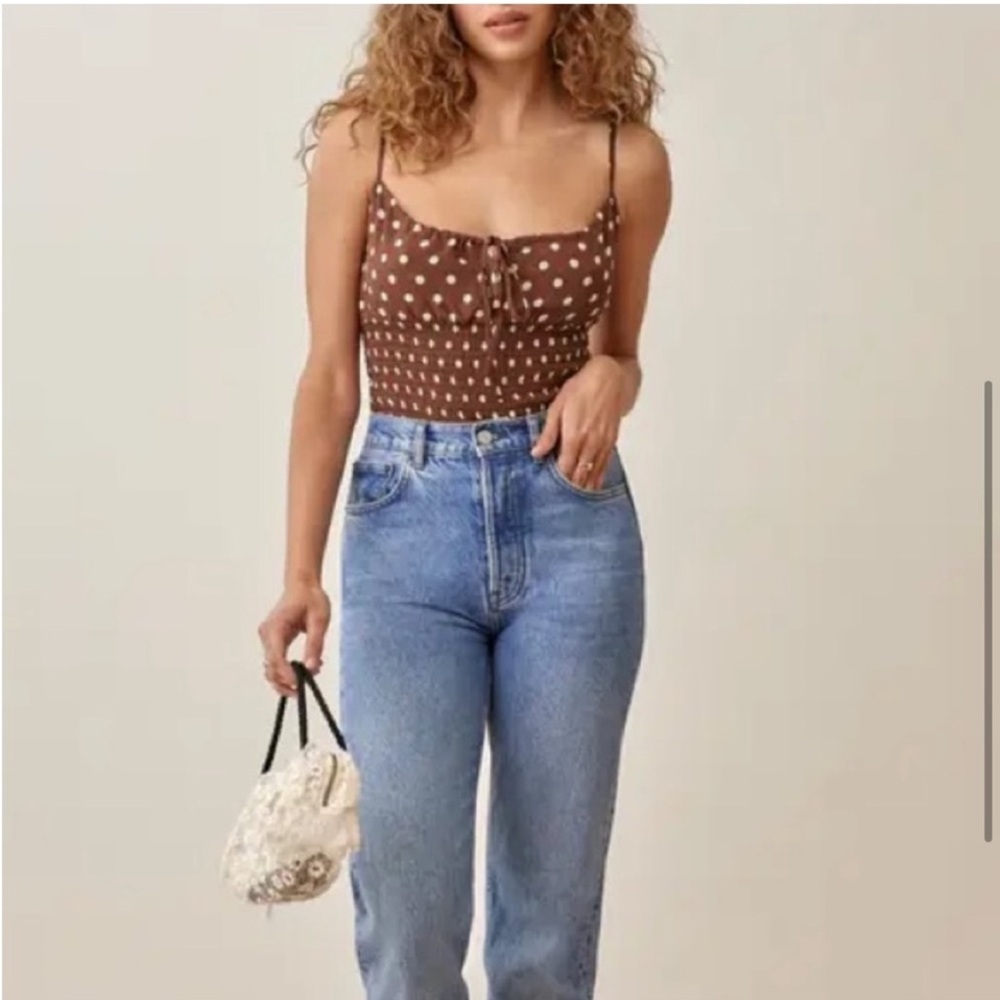 Reformation Carine Top, Brown Polka Dot, Size S